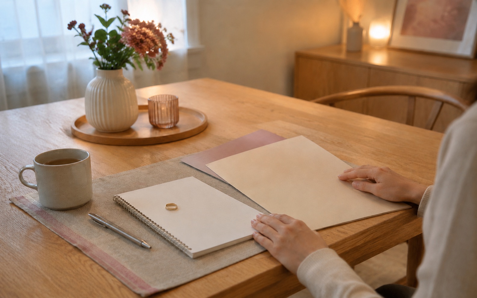 資料とノートの上に外した結婚指輪を置き、次の行動を考える様子